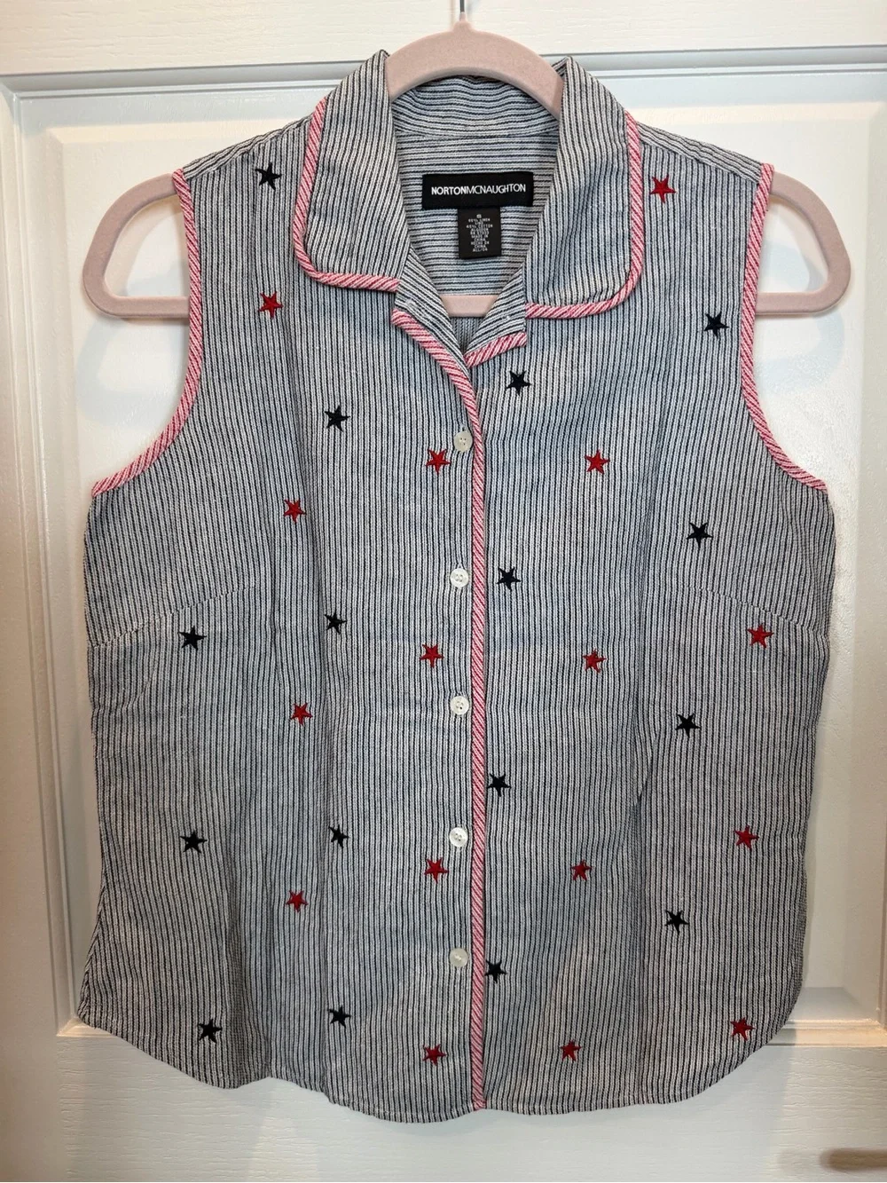 Blue-White Striped Tank with Star Embroidery -Vintage 4th of July Shirt - Picture 7 of 13